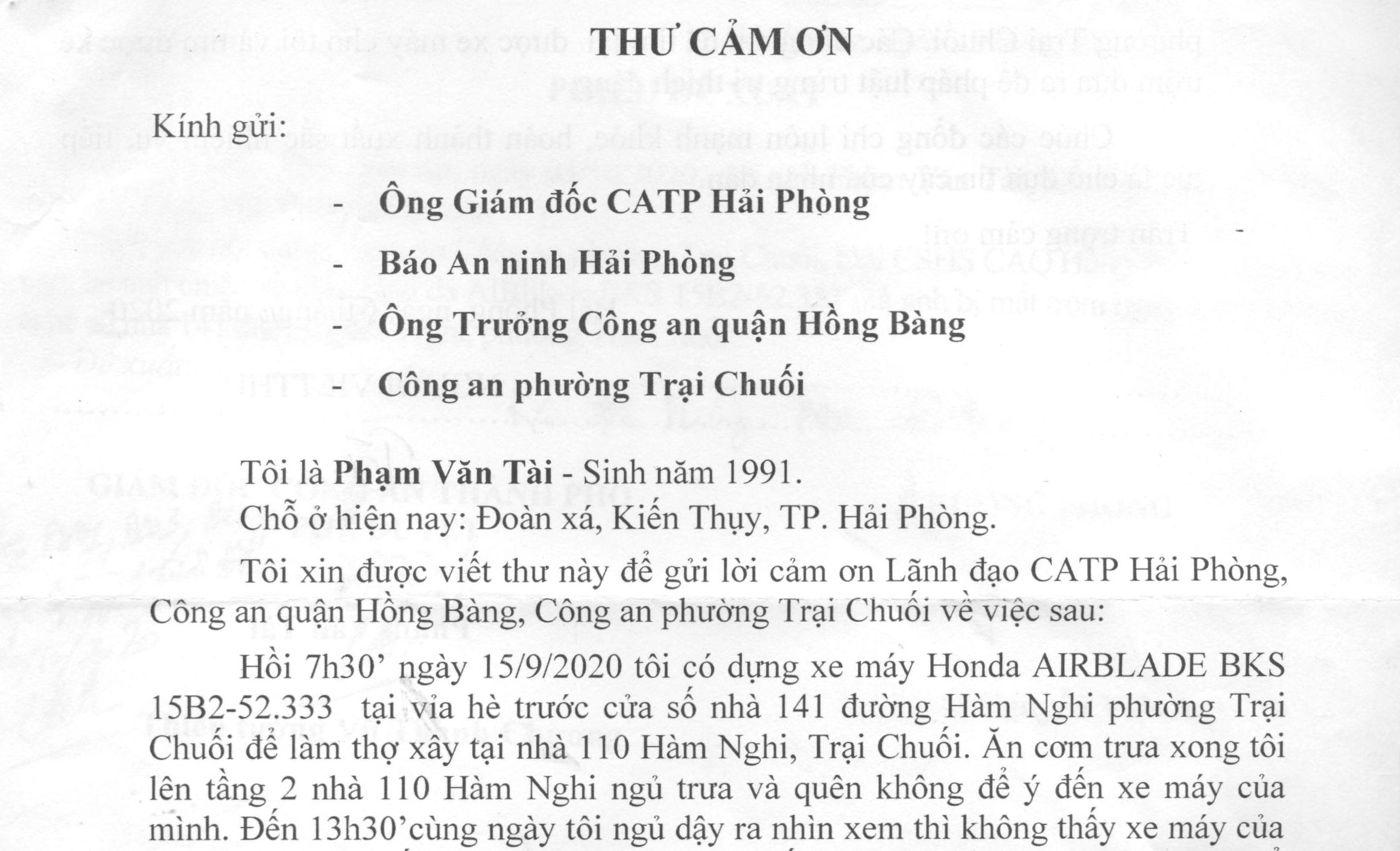 Anh Phạm Văn Tài, ở Kiến Thụy gửi thư cảm ơn về việc Công an phường Trại Chuối truy tìm và trả lại xe máy bị mất